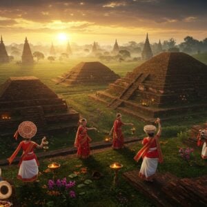 A majestic aerial view of the ancient Ahom burial mounds (Maidams) of Charaideo illuminated by golden sunset light, with traditional Assamese Bihu dancers in mekhela chadors (red and white) performing in the foreground. The dancers wear intricate japi hats adorned with golden bells, moving gracefully against a backdrop of towering deul temples. Detailed Assamese motifs and traditional gamosa patterns flow through the scene. The landscape features blooming orchids and tea gardens in the distance. Floating brass oil lamps and colorful paper lanterns create a magical atmosphere. Traditional Assamese musical instruments like dhol, pepa, and gogona are prominently displayed. The scene incorporates both Madhubani-style decorative elements and modern digital art techniques, with a color palette of deep maroon, gold, forest green, and ivory. Soft ethereal mist surrounds the ancient structures, creating a mystical ambiance. The lighting is warm and dramatic, with rays of sunlight filtering through clouds, highlighting the architectural details of the maidams.