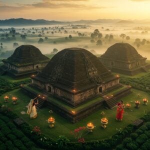 A majestic aerial view of Charaideo Maidam pyramidal burial mounds at golden hour, with traditional Ahom architecture rising from misty tea gardens. The ancient burial mounds feature intricate Assamese patterns and motifs carved in stone, surrounded by lush emerald-green landscapes. In the foreground, two elegant Assamese women in traditional mekhela chador (one in golden-cream, another in deep maroon with golden weaves) are performing the traditional Bihu dance. Floating brass oil lamps illuminate the scene, creating a mystical atmosphere. The background showcases rolling hills with tea plantations in geometric patterns, while ancient Ahom symbols and motifs are subtly integrated into the landscape. The lighting is dramatic with warm golden rays piercing through morning mist, creating a dreamlike quality. Art style combines traditional Assamese artistic elements with modern digital art techniques, featuring rich deep colors of gold, forest green, and royal blue. The scene is enhanced with blooming orchids native to Assam and ceremonial copper artifacts placed strategically around the mounds.