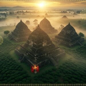 A majestic aerial view of pyramidal burial mounds emerging from misty tea gardens, with traditional Ahom architecture details and intricate geometric patterns carved on their surfaces. The maidams are arranged in a sacred geometric pattern, their weathered stone structures glowing in golden sunrise light. In the foreground, two traditionally dressed Ahom people (male and female) in rich silk mekhela chadors and golden jewelry perform ancient rituals. The scene features mystical elements with floating lotus flowers, spiral patterns, and delicate mandalas hovering above the maidams. The color palette combines deep emerald greens of the tea gardens, rich earth tones of the structures, and golden accents. Soft morning fog creates an ethereal atmosphere, while contemporary drone-style perspective adds modern appeal. Intricate Madhubani-style borders frame the scene, incorporating Ahom symbols and motifs. The lighting is dramatic with sun rays filtering through morning mist, creating a spiritual and mysterious ambiance. Hyperrealistic digital art style with fantasy elements, 8k resolution, cinematic lighting.