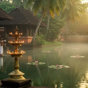 A serene Kerala temple pond (chira) at dawn, with golden sunlight filtering through coconut palms, reflecting on the crystal-clear water. In the foreground, an intricately detailed brass Cheerappan (traditional Kerala lamp) with multiple tiers stands majestically on a carved stone platform at the pond's edge. The lamp's flames glow warmly, creating dancing reflections in the water. Traditional Kerala architecture with sloped terracotta-tiled roofs and wooden pillars frames the scene. Delicate lotus flowers in pink and white float on the water's surface. An elderly temple priest in traditional Kerala attire (white mundu and angavastram) performs a ritual near the Cheerappan, his silhouette casting long shadows. Soft morning mist hovers over the water, creating an ethereal atmosphere. The scene combines Madhubani-style decorative patterns in the temple architecture with photo-realistic rendering of the water and lighting. Rich colors of gold, deep green, and warm browns dominate, with accents of brass and vermillion. The overall composition suggests deep spirituality and timeless tradition.