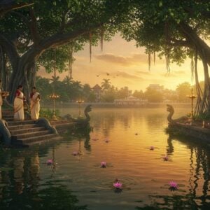 A serene traditional Kerala pond (chira) at golden hour, featuring ancient stone steps descending into crystal-clear waters reflecting a vibrant orange sky. Massive banyan trees with aerial roots frame the scene, adorned with traditional brass oil lamps (nilavilakku) glowing warmly. Indian women in traditional Kerala settu mundu (cream colored with golden borders) performing evening rituals, some carrying brass water vessels (chembu). Intricately carved granite sculptures of water serpents (naga) emerge from the water's edge. The scene combines photorealistic detail with ethereal Madhubani-inspired patterns in the sky. Sacred lotus flowers float on the water surface, creating concentric ripples that form mandala-like patterns. Modern buildings visible in the far background through a mystical haze, suggesting contemporary Kerala. Soft beams of sunlight filter through the banyan leaves, creating dynamic light patterns on the water. The overall color palette features deep greens, burnished golds, warm oranges, and cool blues, rendered in a style blending traditional Indian art with modern digital aesthetics.