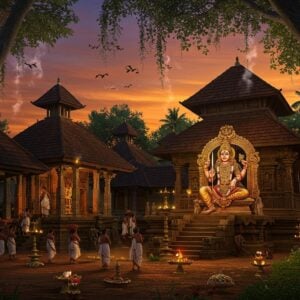 An ancient South Indian temple complex nestled in lush Kerala greenery, with traditional Kerala-style architecture featuring sloped terracotta-tiled roofs and intricate wooden carvings. The main shrine dedicated to Lord Ayyappa is illuminated by traditional brass oil lamps creating a warm golden glow. Lord Ayyappa is depicted in his signature pose - seated in padmasana with a jeweled belt, divine weapons, and adorned with traditional temple jewelry. The foreground shows detailed Madhubani-style artwork of devotees in black attire climbing the temple steps with irumudi on their heads. The scene is enhanced with ethereal elements: floating lotus flowers, glowing mandalas in deep blues and golds, and wispy smoke from camphor flames. The sky features a mystical combination of dawn colors - deep purples, oranges, and hints of gold. Sacred banyan trees with hanging roots frame the temple, decorated with traditional Kerala-style brass lamps. Architectural details include ornate pillars with traditional Kerala motifs, brass-plated doors with intricate carvings, and stone sculptures. The overall composition combines photorealistic architectural details with mystical, surreal elements, rendered in a style blending traditional Indian art with modern digital techniques.