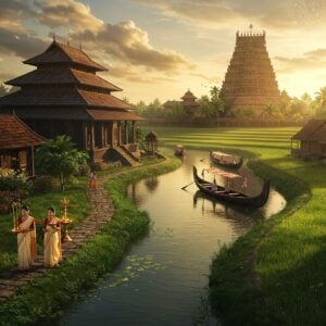 A serene aerial view of a traditional Kerala landscape at golden hour, featuring the majestic Cheerappanchira temple architecture with its distinctive copper-plated roof and ornate wooden carvings in the background. In the foreground, a meandering river reflects the warm sunlight, bordered by lush paddy fields and coconut groves. Two elegant Indian women in traditional Kerala kasavu sarees (cream and gold) walk along a stone-paved pathway, one carrying a brass nilavilakku lamp. The scene includes traditional Kerala elements like a thoovanam (flower decoration), snake boats moored by the riverbank, and authentic Kerala-style houses with sloped terracotta-tiled roofs. The lighting is ethereal with soft golden rays filtering through monsoon clouds, creating a mystical atmosphere. The art style combines hyperrealistic digital rendering with traditional Pattachitra elements, emphasizing intricate details in architecture and nature. The color palette features deep greens, warm golds, earthy browns, and peaceful blues, with subtle mandala patterns in the sky