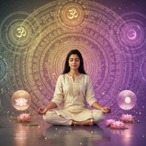 A serene young Indian woman in a flowing ivory silk kurta sitting in padmasana (lotus position) against a backdrop of concentric circles made of Sanskrit verses, each circle glowing with a different ethereal color (gold, soft purple, celestial blue). Her eyes are peacefully closed, and a subtle golden aura surrounds her. Around her float five luminous spheres containing different spiritual symbols - Om, Lotus, Sun, Moon, and a Shiva Lingam. The background features a large, intricate mandala pattern in Madhubani style with detailed peacock motifs and geometric patterns. Floating lotus flowers in pastel pink and white emerge from a reflective pool beneath her. The lighting is dreamy and dimensional, with soft light rays filtering through the scene. The overall color palette combines traditional Indian colors (deep maroon, saffron, gold) with modern pastels (rose quartz, lavender, mint). Multiple translucent layers of sacred geometry patterns overlap in the background, creating depth. Small particles of golden light float around her like fireflies. Art style should combine hyperrealistic digital art with traditional Indian Pattachitra patterns.