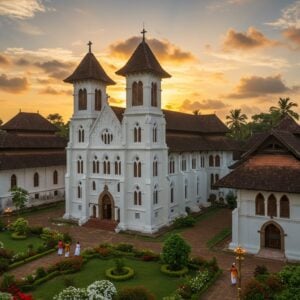 A magnificent aerial view of three grand Kerala-style churches in Changanassery at golden sunset, featuring white-washed Gothic facades with traditional Kerala architectural elements like sloping clay-tiled roofs and wooden spires. The central church dominates with towering twin bell towers adorned with intricate crosses, surrounded by swaying coconut palms. The foreground shows meticulously maintained tropical gardens with blooming red and white flowers. Soft, ethereal rays of light filter through clouds, creating a divine atmosphere. The scene includes small groups of local people in traditional Kerala attire walking along the church pathways. The lighting creates dramatic shadows and highlights the architectural details, while a subtle golden haze adds a mystical quality. The composition incorporates Keralan aesthetics with detailed stonework, stained glass windows reflecting evening light, and traditional brass oil lamps at the entrance. Art style should blend photorealistic architecture with ethereal lighting and subtle digital enhancement, maintaining cultural accuracy while creating a serene, spiritually uplifting atmosphere.