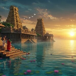 A majestic ancient Indian coastal temple complex at sunset, emerging from crystalline turquoise waters, with traditional Dravidian architecture featuring intricate golden-hued gopurams and mandapas. The temple's reflection creates a perfect mirror image in the calm ocean. In the foreground, ornate stone steps descend into the water, adorned with traditional oil lamps (deepams) glowing with warm light. Two Indian pilgrims in traditional attire (a woman in a red silk saree and a man in white dhoti) performing evening aarti on the steps. Surrounding waters feature lotus flowers and floating diyas. The sky showcases a dramatic gradient of orange, pink, and deep blue, with sacred birds (white doves) flying across. Distant palm trees line the shoreline. The scene is illuminated by a combination of golden sunset light and the warm glow of temple lamps. Art style combines hyperrealistic digital painting with traditional Indian Tanjore art elements, featuring rich colors, intricate details, and spiritual symbolism. The atmosphere is serene and mystical, with gentle ocean mist and subtle lens flares adding depth and dimension.