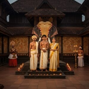 A majestic palace courtyard in traditional Kerala architecture, featuring intricate wooden carvings and sloped tile roofs, illuminated by golden evening light. In the center, a regal Indian royal couple from the Cochin dynasty stands on ornate stone steps, wearing traditional Kerala attire - the king in pristine white mundu with gold border and bare chest adorned with sacred threads and precious gems, the queen in elegant cream and gold kasavu saree with traditional temple jewelry. Behind them, a grand elephant decorated with ceremonial golden nettipattam stands majestically. The scene includes traditional Kerala art forms - Kathakali performers in elaborate costumes to one side, and Mohiniyattam dancers in white and gold on the other. The background features a detailed mural in Madhubani-Pattachitra fusion style depicting historical scenes from Cochin's history, with peacock blue and deep maroon tones. Intricate lotus motifs and Malayalam architectural elements frame the scene. The lighting creates a ethereal atmosphere with soft glowing diyas and brass nilavilakku lamps. The overall composition combines photorealistic details with stylized traditional Indian art elements, creating a seamless blend of historical accuracy and modern aesthetic appeal.