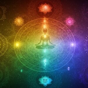 A serene circular mandala formation featuring seven distinct chakra colors transitioning smoothly from root to crown - deep red, vibrant orange, yellow, emerald green, sky blue, indigo, and violet. Each color emanates ethereal light forming concentric rings. In the center, a meditating Indian woman in a white flowing dress sits in padmasana, her form outlined in golden light. Multiple translucent lotus flowers float around her, each reflecting different chakra colors. The background features delicate sacred geometry patterns in metallic gold. Soft light particles and whisps of energy in various colors dance through the scene. Small crystals of corresponding colors hover near each chakra point. The composition has depth with multiple layers of translucent mandalas. Art style combines traditional Indian Madhubani patterns with modern digital art techniques, emphasizing smooth color gradients and glowing effects. The overall scene should appear mystical yet sophisticated, with rich color saturation and ethereal lighting.