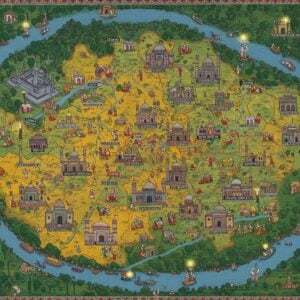 A detailed aerial view of Comilla city in traditional Madhubani art style, showing intricate geometric patterns of administrative divisions in rich jewel tones - deep saffron, royal blue, and emerald green. The landscape features miniature traditional Bengali architecture, including mosques and administrative buildings with ornate domes. Multiple concentric mandalas represent different upazilas, connected by flowing golden lines symbolizing roads and waterways. The Lalmai hills appear as stylized patterns in earthy browns. Modern elements like sleek government buildings blend seamlessly with traditional motifs. The scene is viewed through a mystical haze with floating lotuses marking union territories. Soft glowing lights illuminate key administrative centers. The artwork combines digital precision with hand-drawn Pattachitra details, creating a contemporary map-like visualization. Small groups of people in traditional Bengali attire are seen going about their daily activities. The composition is framed by detailed paisley borders in metallic gold, with corner medallions showing local landmarks.