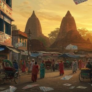 A bustling street scene in Comilla District, Bangladesh, rendered in vibrant digital art style blended with traditional Madhubani patterns. The iconic Mainamati ruins and ancient Buddhist structures visible in the background, illuminated by a warm golden sunset. Modern high-rise buildings and traditional architecture coexist harmoniously. In the foreground, a group of local people in contemporary Bengali attire engage in daily activities around a central marketplace decorated with intricate geometric patterns. Floating newspaper headlines and digital screens seamlessly integrate into the architecture. The scene features rich colors - deep blues, warm oranges, and earthy browns. Traditional Bengali motifs and patterns adorn the buildings and streets. Small details include rickshaws with modern electric modifications, street food vendors, and people using smartphones. The lighting creates a dynamic interplay of traditional and modern elements, with soft glowing street lights mixing with the natural sunset. The overall composition suggests progress while honoring cultural heritage, captured in a cinematic wide-angle view.