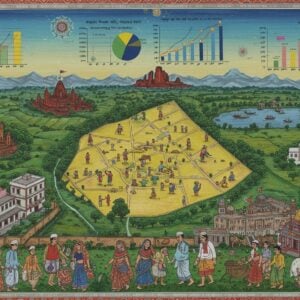 A bustling aerial view of Comilla District rendered in vibrant Madhubani-inspired art style, showing a harmonious blend of urban and rural landscapes. In the foreground, a detailed representation of Bengali families in traditional attire (men in punjabis, women in sarees) going about their daily lives. The scene features intricate geometric patterns in deep peacock blue and gold forming statistical charts and graphs that float ethereally in the sky. The Dharmasagar Lake reflects golden light while the magnificent Mainamati ruins stand proudly in the background. Modern buildings and traditional architecture coexist, with detailed patterns showing population density through varying sizes of stylized human figures. Soft glowing mandalas represent different demographic groups, while lotus motifs in pastel pink and blue indicate educational institutions and healthcare facilities. The artwork combines photorealistic elements with surreal, spiritual touches, featuring a warm color palette of saffron, deep maroon, and turquoise. Intricate border details showcase Bengali cultural motifs and symbols of progress.