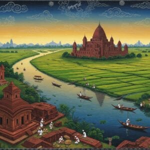 A breathtaking aerial view of Comilla's Dharmasagar Lake at golden hour, with the magnificent Shalban Vihara Buddhist monastery ruins in the background, rendered in intricate Madhubani-inspired art style. The foreground features traditional Bengali terracotta temples with detailed geometric patterns and ornate carvings. The scene is dotted with ancient archaeological structures, including the distinctive dome of Mainamati ruins. Local artisans in traditional Bengali attire (white dhotis and colorful saris) are shown working on famous Comilla handicrafts. The sky features delicate patterns of peacock blue and gold, with stylized clouds reminiscent of traditional Pattachitra art. The landscape includes lush green rice fields and meandering rivers, depicted in vibrant saffron and emerald hues. The overall composition blends photorealistic architectural details with ethereal, surreal lighting effects, creating a dreamy atmosphere. Small boats with fishermen dot the waterways, their reflections creating mesmerizing patterns on the water surface. The scene is enhanced with subtle mandala patterns in the sky, suggesting the spiritual significance of the region, all rendered in a harmonious blend of deep maroons, royal blues, and metallic gold accents.
