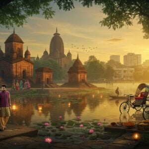 A serene panoramic view of Comilla's Dharmasagar Lake at golden hour, with the majestic Mainamati ruins visible in the background, rendered in rich, deep colors of gold and peacock blue. In the foreground, a young Indian couple in modern fusion wear (him in contemporary kurta, her in designer salwar) exploring the ancient Buddhist ruins. Traditional Bengali terracotta temples with intricate Mandala-like patterns emerge from morning mist. The scene features floating lotus flowers in the lake, with soft glowing lanterns creating an ethereal atmosphere. Modern high-rise buildings blend harmoniously with historical architecture on the horizon. Two traditional rickshaws with elaborate Madhubani-style painted panels wait nearby. The lighting creates a magical glow, with sunbeams filtering through ancient banyan trees. The composition includes subtle details of local life - women in colorful saris carrying clay pots, street food vendors with traditional Bengali sweets, and modern tourists with cameras. The scene combines hyperrealistic architectural details with surreal, dreamy lighting effects, creating a blend of modern and ancient Comilla.