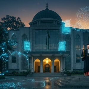 A majestic modern courthouse in Comilla, Bangladesh, featuring a blend of contemporary glass architecture with traditional Bengali Islamic motifs, illuminated by soft golden dawn light. The building's facade incorporates intricate geometric patterns and elegant arches. In the foreground, a dignified Indian female judge in a black robe with traditional Bengali accessories stands on marble steps, holding a golden scale of justice. Behind her, holographic displays floating in air show legal documents and case files in blue light. The scene is framed by stylized banyan trees with glowing leaves in peacock blue. Traditional Bengali alpana patterns flow across the ground in luminescent white. A subtle mandala pattern in the sky combines modern circuit board designs with traditional South Asian motifs. The color palette features deep navy blues, burnished gold, and crisp whites. The art style merges hyperrealistic architectural details with ethereal digital elements, creating a harmonious blend of tradition and future technology. The overall composition suggests authority, progress, and justice.