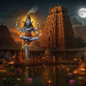 A mystical night scene of the ancient Munneswaram Temple in Sri Lanka, with its magnificent five-tiered gopuram illuminated by warm golden light and floating oil lamps. The central focus shows Lord Shiva in his cosmic dance pose with four arms - upper right holding damaru, upper left with agni, lower right in abhaya mudra, and lower left in gajahasta pose. The temple architecture features intricate Dravidian stone carvings rendered in deep maroon and saffron hues. The foreground showcases devotees performing arati with brass lamps, their faces lit by the sacred flames. Ethereal wisps of incense smoke curl through the air, forming subtle mandala patterns. A large moon casts a silvery glow on the temple pond where lotus flowers float, creating mirror-like reflections. The scene is enhanced with subtle divine elements like peacock feathers, rudraksha beads, and traditional Kerala-style oil lamps. Art style combines hyperrealistic digital rendering with traditional Thanjavur painting influences, emphasizing gold leaf effects and deep jewel tones. The overall atmosphere is serene and spiritually charged with a magical quality.