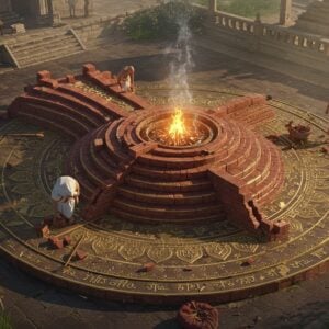 A meticulously detailed bird's-eye view of a half-constructed Vedic fire altar in the shape of a falcon (Syena), emerging from golden sacred geometric patterns. The altar's five layers are visible, with perfectly arranged red bricks forming intricate patterns. Vedic priests in pristine white dhotis are shown placing bricks with mathematical precision. Sacred fire emanates a divine glow at the center, with smoke forming ethereal mandalas in the sky. Traditional measuring tools like bamboo sticks and rope lie nearby. The scene is illuminated by dawn's first light, casting long shadows. In the background, modern architectural tools seamlessly blend with ancient methods. The color palette features earthy reds of the bricks, golden flames, and pure whites, with subtle digital gradient overlays. The style combines hyperrealistic 3D rendering with traditional Madhubani patterns on the brick surfaces. Small details include symbolic gold yantras, sacred grass, and precisely measured geometric lines glowing with subtle energy. The atmosphere captures both mathematical precision and spiritual sanctity, rendered in high-definition digital art style with atmospheric lighting effects.