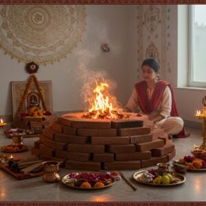 A serene indoor sacred space with a beautifully constructed traditional dhuni (sacred fire pit) in the center, emitting golden-orange flames and wisps of pure white smoke forming ethereal patterns. The dhuni is perfectly circular, made of red clay bricks arranged in a precise geometric pattern. Around it, neatly arranged ritual items: copper kalash, sacred wood pieces, ghee in silver containers, and fresh flowers in traditional brass plates. The scene is illuminated by both the warm glow of the dhuni and soft natural light streaming through a modern window. The background features minimalist Indian architecture with contemporary elements - clean white walls adorned with mandala patterns in gold and subtle Vedic symbols. A young Indian woman in modern comfortable white cotton clothes with a red dupatta is peacefully tending to the fire. The atmosphere combines modern aesthetic with traditional spirituality, with subtle geometric patterns in the smoke. Intricate Madhubani-style border elements frame the scene, featuring traditional motifs in deep maroon and gold. The lighting creates a mystical ambiance with soft highlights and deep shadows, emphasizing the sacred nature of the space.