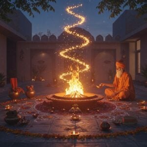 A serene Indian courtyard at dusk with a perfectly circular sacred fire pit (dhuni) in the center, emitting ethereal golden flames that spiral upward into a mystical mandala pattern in the smoke. The fire pit is surrounded by a geometric rangoli pattern made with traditional vermillion, turmeric, and white rice flour. Traditional copper and brass vessels containing sacred items are arranged methodically around the dhuni. A elderly sadhu with flowing white beard, wearing saffron robes, is reverently adding sacred wood to the flames. The scene is illuminated by the warm glow of the fire, creating dramatic shadows and highlighting the intricate Madhubani-style patterns on the courtyard walls. Floating diyas and marigold petals encircle the dhuni. The background features a modern minimalist house facade with traditional Indian architectural elements. Soft moonlight filters through neem leaves above, creating a dappled effect. The overall atmosphere combines deep maroons, saffron, and peacock blues with modern pastel undertones. Hyperrealistic digital art style with magical realism elements.