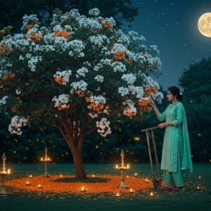 A serene nighttime garden scene featuring a majestic Nyctanthes arbor-tristis tree in full bloom, its white and orange flowers glowing ethereally against a deep indigo sky illuminated by a full moon. The tree stands 15-20 feet tall, with delicate clusters of star-shaped flowers cascading down its branches. In the foreground, a young Indian woman in a contemporary fusion outfit (flowing mint green kurta with modern cuts) tends to the plant with traditional brass gardening tools. Floating brass oil lamps and fireflies create a magical atmosphere, while fallen flowers form a carpet beneath. The scene incorporates traditional Madhubani-style border patterns with modern minimalist design elements. The lighting emphasizes the contrast between the luminous white petals and the dark foliage, with a soft golden glow from the moon creating dramatic shadows. Dewdrops on the flowers sparkle like tiny diamonds. The composition includes subtle mandala patterns in the background formed by the arrangement of stars and fireflies. The overall color palette features deep blues, whites, orange, and gold, with hints of emerald green foliage, rendered in a dreamy, photorealistic style with magical undertones.