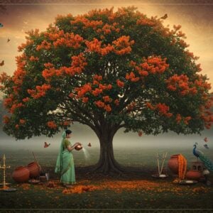 A magnificent Saraca Asoca (Ashoka) tree in full bloom with vibrant orange-red clusters of flowers, centered in a mystical Indian garden setting. The tree's dark green, drooping branches create an elegant canopy, illuminated by soft, ethereal golden light filtering through the leaves. In the foreground, a serene Indian woman in a sage green saree performs the traditional act of watering the tree from a copper vessel. The scene features detailed Madhubani-style border patterns with intricate botanical motifs. Surrounding the tree are traditional terracotta pots, organic gardening tools, and scattered marigold flowers. The background shows a misty sunrise with subtle mandala patterns in the sky. The overall composition has a dreamy, surreal quality with rich, deep colors - forest greens, burnt orange, and deep maroon. The scene includes butterflies and peacocks near the tree, symbolizing growth and beauty. Photorealistic digital art style with traditional Indian art influences, emphasizing the sacred and nurturing aspects of the tree.