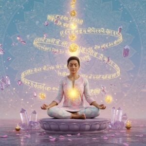 A serene young Indian woman in contemporary clothing (pastel silk kurta) seated in padmasana on a floating lotus platform, radiating golden light from within. Multiple ethereal rings of Sanskrit mantras spiral around her in 3D space, transforming from traditional Devanagari script into glowing energy trails. The background features a massive mandala pattern in soft blues and rose gold, with sacred geometry elements. Floating crystal points and lotus petals surround her, catching and reflecting light. Her expression is peaceful, with a slight smile, eyes closed in meditation. A subtle aurora borealis effect in pastels (pink, lavender, and gold) illuminates the space above. Small glowing orbs of light, representing positive energy, float upward from her meditation pose. The art style combines hyperrealistic digital rendering with traditional Indian Madhubani patterns in the details, creating a modern spiritual aesthetic. Soft depth of field effect with tilt-shift focus on the central figure.