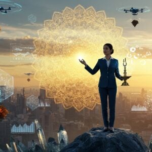 A majestic modern Indian businesswoman in a sophisticated silk navy blue business suit with traditional gold jewelry standing atop a crystalline mountain peak, her silhouette illuminated by a rising digital sun composed of interconnected golden mandala patterns. She's gracefully conducting a holographic interface with her right hand, while her left hand holds a traditional brass lamp emanating streams of data visualized as flowing sacred threads. The background features a futuristic cityscape with elements of traditional Indian architecture, including modern glass buildings adorned with intricate Madhubani patterns. Floating around her are ethereal, translucent sacred geometry shapes in peacock blue and saffron, representing business analytics and solutions. The scene is enhanced by glowing lotus-shaped drones carrying digital information patterns. The lighting combines warm golden hour sunlight with cool blue technological elements, creating a harmonious blend of tradition and innovation. Photorealistic 3D rendering with high-end cinematic lighting, 8k resolution, hyperdetailed texturing.