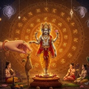A majestic scene depicting Lord Brahma performing the creation of Daksha Prajapati, rendered in a blend of traditional Madhubani and modern digital art. Daksha emerges from Brahma's thumb as a divine being with a royal bearing, wearing ornate golden dhoti and sacred thread. The background features a large, intricate mandala in deep saffron and gold, with 16 concentric circles representing the 16 Prajapatis. Floating ethereal Sanskrit symbols for wisdom and creation surround them. The scene is illuminated by divine light streams in soft peacock blue and warm gold. Decorative elements include lotus flowers, peacock feathers, and cosmic swirls. The foreground shows small vignettes of people performing various skills and crafts, symbolizing Daksha's association with ability and competence. The art style combines hyperrealistic details with surreal, spiritual elements, featuring rich jewel tones and metallic accents. Soft glowing auras and particle effects add a modern, mystical touch to the composition. The overall atmosphere is one of divine creation, wisdom, and spiritual power.