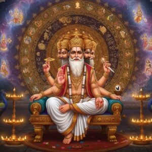 A majestic, regal figure of Daksha Prajapati seated on an ornate golden throne, depicted as a wise sage with four heads wearing pristine white dhoti and angavastram with gold embellishments, adorned with sacred threads and rudraksha malas. His hands performing mudras of wisdom and creation. Behind him, a large intricate mandala in deep saffron and gold featuring 27 constellations representing his daughters. The background shows ethereal scenes from creation - swirling cosmic energies in deep blues and purples, with miniature scenes in Madhubani style showing his role as creation's administrator. Floating lotus flowers and spiritual symbols in soft pastels surround him. The lighting is divine with rays of golden light emanating from his form. The scene is framed by traditional Indian architectural elements with detailed peacock motifs and geometric patterns. The art style combines hyperrealistic digital rendering with traditional Indian Pattachitra patterns, creating a seamless blend of ancient and modern aesthetics. The mood is one of divine authority, cosmic wisdom and celestial grandeur.