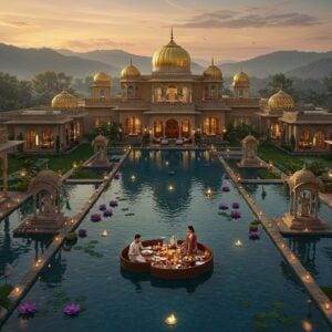 A stunning aerial view of a luxurious Indian resort complex nestled against the backdrop of misty mountains, designed in contemporary Rajasthani palace architecture with golden domes and intricate jali work. The central courtyard features a massive infinity pool with floating lotus flowers and illuminated by traditional brass diyas, reflecting the sunset's warm orange and pink hues. Multiple private villa pavilions with glass walls and traditional Madhubani-style murals dot the landscape. An elegant Indian couple in modern resort wear (him in linen kurta, her in a flowing designer kaftan) lounging on a floating breakfast setup in the pool. The scene includes manicured gardens with peacocks, contemporary water features with ancient temple-style sculptures, and subtle mood lighting. The overall composition emphasizes ultra-luxury with traditional Indian elements, captured in a dramatic cinematic style with soft, dreamy lighting and rich, deep colors of gold, royal blue, and burgundy. Photorealistic 3D rendering, architectural visualization, high-end resort photography style, 8k quality