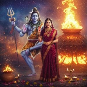 A cinematic, ethereal scene depicting Lord Shiva and Sati in a dramatic composition against a cosmic background filled with swirling galaxies and spiritual energy. Shiva appears majestic in his cosmic dance pose, with matted locks flowing, crescent moon on his head, and the Ganga flowing through his hair. He wears tiger skin and serpents, with his signature trishul emanating blue energy. Sati stands dignified in a rich maroon and gold silk saree, adorned with traditional jewelry, her face showing determination and devotion. Behind them, a massive yagna fire burns with supernatural intensity, casting golden-orange light. In the foreground, symbolic elements include a broken yagna kund, scattered sacred items, and lotus petals. The scene incorporates both traditional Pattachitra art patterns in the details and modern digital effects with floating particles of light. The color palette features deep blues, cosmic purples, burning oranges, and spiritual gold accents. The overall composition should have a surreal, mystical quality while maintaining the gravitas of the mythological narrative, rendered in high-detail digital art style.