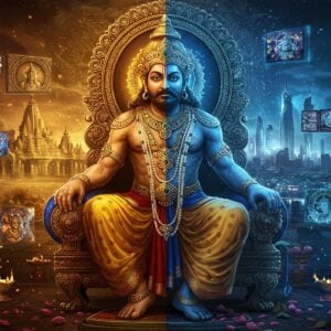 A regal, stern-faced Indian king Daksha dressed in opulent golden dhoti and crown, adorned with precious gemstones, seated on an ornate throne with peacock motifs. Half of his figure is rendered in traditional Pattachitra style with intricate patterns and warm earth tones, while the other half transitions into modern digital art with glowing neon accents and contemporary design elements. Behind him, a split background shows ancient temple architecture on one side and modern city skyline on the other, connected by flowing streams of golden light and geometric mandala patterns. Floating screens or portals around him display glimpses of his various depictions - from ancient manuscripts to modern comic books and digital media. The lighting creates a dramatic contrast, with traditional warm golden light from the left and cool, modern blue lighting from the right. Intricate Madhubani-style border patterns frame the scene, seamlessly blending traditional and contemporary elements. The atmosphere is mystical yet commanding, with subtle hints of both his pride and eventual downfall through symbolic elements like a partial shadow of a goat's head and scattered lotus petals.