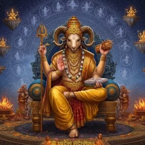 A majestic celestial court scene depicting Daksha as a regal figure with a ram's head, wearing elaborate golden robes adorned with Sanskrit motifs and celestial patterns, seated on an ornate throne decorated with lotus designs and cosmic symbols. He holds a golden scepter in his right hand and sacred texts in his left. The background features a grand mandala-inspired architecture with 27 intricate constellations representing his daughters. Surrounding him are mystical elements including sacrificial fire (yagna), celestial beings, and sacred animals. The scene is illuminated by ethereal light in shades of deep indigo, burnished gold, and cosmic blue. The art style combines traditional Pattachitra patterns with modern digital art techniques, featuring detailed ornamental borders and spiritual symbols. Multiple levels of floating platforms showcase different aspects of his story, including his connection to Prajapati and creation myths. The atmosphere is divine and otherworldly, with swirling cosmic energies and floating lotus petals creating a mesmerizing visual narrative.