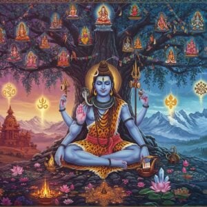 A majestic representation of Lord Dakshinamurti seated in padmasana under a sacred banyan tree, facing south. His four arms hold specific attributes - upper right hand holds damaru (drum), upper left hand holds agni (sacred fire), lower right hand in chinmudra, and lower left hand holds sacred texts. He wears traditional gold ornaments and a tiger skin dhoti. The background seamlessly transitions between different regional interpretations - the left side showing South Indian temple architecture with intricate Dravidian gopurams in deep maroon and gold, the right side depicting Himalayan peaks with Tibetan prayer flags and monasteries. The banyan tree's branches form natural mandalas, with each section containing miniature scenes of different cultural interpretations of the deity. Soft ethereal light emanates from Lord Shiva's form, creating a dreamy atmosphere. The foreground features a harmonious blend of Tamil kolam patterns, Himalayan lotus flowers, and floating crystals. The color palette combines deep spiritual blues, royal purples, and warm golds. The art style merges hyperrealistic digital rendering with traditional Thanjavur painting techniques, emphasizing the divine serenity of Dakshinamurti's expression and his role as the supreme teacher. Floating sacred symbols from different traditions - Om, Sanskrit verses, and yantra patterns - appear as subtle golden energy forms in the atmosphere.