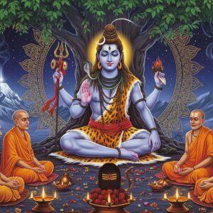 A majestic representation of Lord Shiva as Dakshinamurti seated under a sacred banyan tree, facing south, with four arms - right upper hand holding damaru (drum), right lower hand in chin mudra, left upper hand holding sacred texts, left lower hand holding agni (fire). He has a serene expression, half-closed eyes, and a gentle smile. The background features an intricate mandala pattern in gold and deep blues. Around him sit four elderly sages (rishis) in deep meditation, wearing saffron robes. The scene is illuminated by floating diyas casting a warm ethereal glow. Traditional Indian artistic elements like peacock feathers, lotus flowers, and rudraksha beads frame the composition. The art style combines hyperrealistic digital rendering with traditional Madhubani patterns. Lord Shiva wears tiger skin, has matted locks with crescent moon, and third eye visible. Sacred Mount Kailash appears faintly in the background with mystical blue aura. The overall atmosphere is one of divine wisdom and spiritual transcendence, with swirling patterns of sacred smoke from an ornate copper aarti lamp in the foreground.