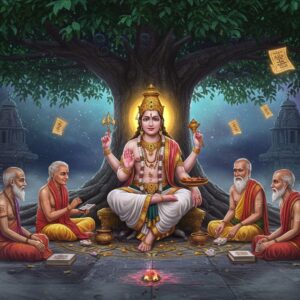A majestic portrayal of Lord Dakshinamurti seated under a sacred banyan tree, facing south, with four elderly sages seated at his feet. His four arms hold specific items - upper right hand holds damaru (drum), upper left hand holds agni (sacred fire), lower right hand in chin mudra, and lower left hand holds sacred texts. He wears pristine white dhoti with gold embellishments, rudraksha malas, and a serene expression. The background features a grand marble temple structure with intricate Dravidian architecture. Ethereal golden light emanates from his form, creating a mystical atmosphere. Modern digital elements include glowing sacred geometry patterns, floating translucent scrolls, and subtle particle effects. The color palette combines deep blues, cosmic purples, and warm golds. The banyan tree's roots create intricate mandalas in the ground, symbolizing the connection between earthly knowledge and divine wisdom. Soft fog adds depth and mystery to the scene. Style combines traditional Thanjavur painting techniques with contemporary digital art aesthetics, hyper-detailed, cinematic lighting, octane render.
