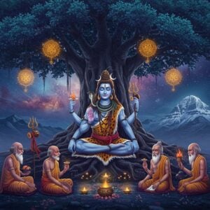 A majestic Lord Shiva as Dakshinamurti seated in padmasana under a sacred banyan tree, facing south, against a cosmic background with swirling galaxies and ethereal light. His four arms hold specific items - upper right hand holds damaru (drum), upper left hand holds agni (sacred fire), lower right hand in chinmudra, lower left hand holds sacred scriptures. His face is serene with half-closed eyes in deep meditation, adorned with crescent moon and flowing matted locks. Four elderly sages (rishis) sit at his feet in deep reverence. The banyan tree's aerial roots create mystical patterns, intertwining with glowing golden mandalas. The scene is illuminated by soft moonlight and spiritual aura, creating a dreamy atmosphere. Background features subtle Madhubani-style patterns in deep indigo and gold. Sacred Mount Kailash visible in distant background, rendered in ethereal blue tones. The entire composition blends traditional iconography with modern digital art style, using a color palette of deep blues, celestial purples, and luminous golds. Hyperdetailed, cinematic lighting, volumetric fog, octane render