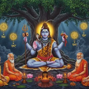 A majestic portrayal of Lord Shiva as Dakshinamurti seated under a sacred banyan tree, facing south, with four arms - his upper right hand holding damaru (drum), upper left hand holding sacred texts, lower right hand in chinmudra gesture, and lower left hand holding jnana mudra. He appears youthful with serene expression, third eye prominent, crescent moon in his matted locks, wearing tiger skin and rudraksha beads. At his feet sit four elderly sages in deep meditation, their faces reflecting divine wisdom. The banyan tree's aerial roots create a mystical mandala pattern behind him, with soft golden light filtering through. Sacred Sanskrit symbols and geometric yantras float ethereally in the background. The scene combines traditional Thanjavur art style with modern digital aesthetics, using rich colors of deep blue, gold, and saffron. Glowing lotus flowers and subtle smoke from sacred fire add depth. The composition emanates divine knowledge and spiritual transcendence, with a contemporary surreal touch while maintaining religious accuracy.