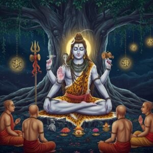 A serene, luminous portrayal of Lord Shiva as Dakshinamurti seated in padmasana under a sacred banyan tree, facing south. He has four arms - right upper hand holding jnana mudra, right lower hand holding damaru, left upper hand holding sacred fire, left lower hand holding sacred texts. His face radiates divine wisdom with half-closed eyes and gentle smile. He wears tiger skin, sacred thread, and crescent moon adorns his matted locks. Young sages sit at his feet in deep meditation. The scene is surrounded by intricate Madhubani-style patterns in gold and deep blue. Ethereal light emanates from Shiva's form, creating a mystical atmosphere. The background features subtle mandalas and Sanskrit symbols floating in space. The color palette includes deep midnight blues, celestial golds, and soft whites. The banyan tree branches form natural geometric patterns with hanging roots. Hyper-detailed digital art with traditional Indian art influences, cinematic lighting, mystical atmosphere, volumetric god rays.