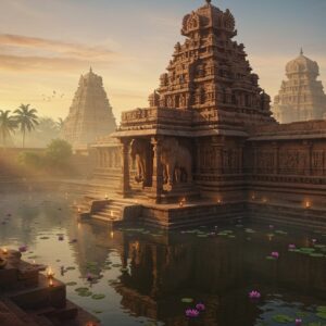 Ancient stone temple complex emerging from morning mist, featuring intricate Chalukya-style architecture with detailed carved pillars and ornate spires in warm sandstone. A massive sculptured elephant frieze adorns the main entrance, with traditional geometric patterns and celestial figures carved along the walls. Golden sunlight filtering through carved jali windows creates dramatic light patterns on the temple floor. In the foreground, a serene water body reflects the temple's magnificence, surrounded by stepped ghats with burning oil lamps. Floating lotus flowers in deep pink and white dot the water. The scene is enhanced by towering palm trees and native Deccan flora. Aerial perspective showing the grand scale of the complex, with multiple shikhara towers rising against a dawn sky in soft oranges and blues. Intricate Hoysala-style reliefs visible on temple walls, depicting scenes from Hindu mythology. The atmosphere combines mystical morning fog with golden sunshine, creating a dreamlike quality. Art style merges hyperrealistic architectural details with ethereal lighting and traditional Indian artistic elements, rendered in rich, deep colors of maroon, gold, and peacock blue.
