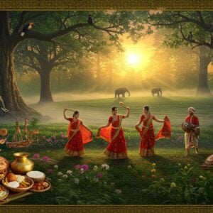 A vibrant panoramic scene of the Dehing Patkai rainforest at golden hour, where traditional Assamese dancers in mekhela chadors (red and gold) perform the Bihu dance amid blooming orchids and tea gardens. Ancient silk trees tower in the background, their branches adorned with hornbills and hoolock gibbons in natural poses. The foreground features intricately carved bamboo crafts and traditional Assamese brass utensils displaying local delicacies. A mystical mist rolls through the scene, illuminated by rays of sunlight, creating a ethereal atmosphere. The scene is framed by detailed Assamese motifs in gold, featuring jaapi patterns and gomcha designs. The color palette emphasizes deep greens of the rainforest, brilliant golds of sunset, and rich reds of traditional attire. Madhubani-inspired borders seamlessly blend with modern digital art techniques, creating a surreal yet authentic atmosphere. The lighting creates a magical glow around the dancers, while elephant silhouettes can be seen in the misty background.