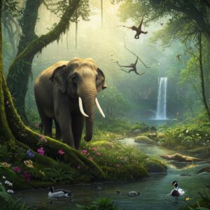 A majestic female Asian elephant emerges from a lush rainforest canopy in Dehing Patkai, her tusks gleaming in dappled sunlight filtering through ancient Hollong trees. The scene captures a mystical morning with golden rays piercing through morning mist. In the foreground, rare white-winged wood ducks glide over a crystal-clear stream while a hoolock gibbon family swings gracefully through branches above. The vegetation is incredibly detailed, showing endemic orchids in brilliant purples and whites clinging to moss-covered tree trunks. The forest floor is carpeted with emerald ferns and flowering herbs. A distant waterfall cascades in the background, creating a ethereal atmosphere with rainbow-hued mist. The color palette combines deep forest greens with golden sunlight, morning blues, and touches of vibrant florals. The art style merges photorealistic wildlife details with ethereal magical realism, enhanced by soft glowing highlights and mystical atmosphere, executed in high-end digital art style with influence from traditional Indian nature paintings.