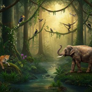 A lush, mystical scene of Dehing Patkai rainforest at dawn, with golden sunlight filtering through towering Hollong trees. In the foreground, a majestic Asian elephant adorned with traditional Indian patterns walks beside a crystal-clear stream. White-winged wood ducks glide overhead against a rose-gold sky. The scene features vibrant orchids in purple and white, climbing vines, and wild banana plants rendered in rich, saturated colors. A hoolock gibbon swings gracefully between branches decorated with intricate Madhubani-style patterns. The lighting creates a dreamy atmosphere with soft, ethereal mist rising from the forest floor. Spotted leopards rest on moss-covered branches, while hornbills with detailed feathers perch nearby. The composition includes delicate butterflies with mandala-pattern wings in peacock blue and gold. The entire scene is rendered in a fusion of hyperrealistic digital art with traditional Indian artistic elements, featuring deep emerald greens, rich earth tones, and accents of saffron and gold. The perspective is slightly elevated, showing the canopy's grandeur while maintaining intimate detail of the forest life.