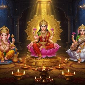A grand, ethereal temple courtyard with a central golden mandala emanating divine light, where three meticulously detailed Hindu deities are prominently featured: Lord Ganesha on the left, depicted with an elephant head, four arms holding modak, axe, lotus, and his broken tusk, seated on a red lotus throne; Goddess Lakshmi in the center, radiant in a red and gold saree, four-armed, seated on a pink lotus, with gold coins flowing from her lower hands and lotus flowers in her upper hands, surrounded by two white elephants showering her with water; Goddess Saraswati on the right, wearing pristine white, seated on a white lotus, four-armed holding veena, books, crystal mala, and showing abhaya mudra, with her vehicle swan beside her. The background features intricate Madhubani-style patterns in deep peacock blue and maroon, with floating lotus flowers and subtle sacred geometry. Soft, divine light streams from above, creating a mystical atmosphere. Small diyas with golden flames line the foreground, their light reflecting off ornate brass and copper vessels. The scene combines hyperrealistic detail with traditional Indian art elements, creating a seamless blend of ancient and modern aesthetics. The color palette focuses on rich golds, deep maroons, and celestial blues, with accents of sacred saffron.