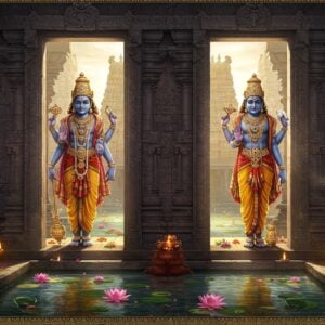 A majestic scene depicting Lord Vishnu in two distinct forms standing side by side in traditional temple architecture, with 4 hands each - one holding Sudarshana Chakra, one holding conch shell, one holding lotus, and one in blessing pose. Both forms adorned in rich gold ornaments and crown with precious stones, wearing yellow silk dhoti with red border. The deities stand within intricately carved granite temple doorways decorated with traditional South Indian temple architecture elements. Temple towers visible in background with golden kalasams gleaming in sunlight. Soft ethereal light streaming through the doorways creating divine aura. Foreground shows deep lotus pond with floating flowers and oil lamps. Scene embellished with detailed Pattachitra-style border patterns in gold and maroon. Atmospheric lighting with golden hour glow. Hyper-detailed digital art with photorealistic texturing while maintaining traditional Indian art sensibilities. Art style merging classical temple architecture with modern digital aesthetics.