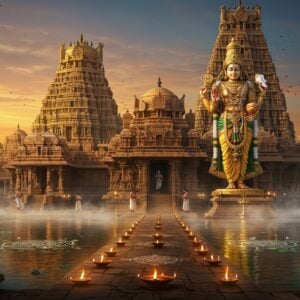 A majestic ancient South Indian temple complex with towering gopurams adorned with intricate Dravidian architecture, featuring golden vimanas catching sunset light. The main shrine shows Lord Vishnu as Deivaadi Raja in standing posture, wearing a golden crown and traditional temple jewelry, holding Chakra in upper right hand, Conch in upper left hand, while lower right hand shows Abhaya mudra and lower left hand points downward. The deity radiates divine aura with a soft golden glow. The foreground features a serene temple tank with floating lotus flowers and reflection of the gopuram. Traditional oil lamps illuminate the pathway leading to the sanctum. Mandala patterns and traditional kolam designs decorate the stone floor. Ethereal mist surrounds the temple base, creating a mystical atmosphere. Art style combines hyperrealistic digital rendering with traditional Indian temple art elements, using rich colors of deep gold, saffron, and peacock blue. The scene is framed by ornate stone pillars with yali sculptures and includes devotees in traditional attire performing pradakshina.