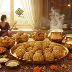 A vibrant Indian kitchen scene bathed in warm morning sunlight, featuring a traditional brass thali decorated with intricate Madhubani patterns, filled with Makar Sankranti delicacies. The main focus is on golden til ladoos arranged in a mandala pattern, surrounded by colorfully arranged sesame chikki, puran poli, and pongal in traditional copper vessels. A woman in a rich maroon silk saree with golden border is seen flying a traditional colorful kite from her kitchen window, while stirring a pot of steaming khichdi. The counter displays fresh ingredients - sesame seeds, jaggery, and rice arranged in brass measuring bowls with traditional designs. Steam rises ethereally from the dishes, creating a dreamy atmosphere. The background features delicate rangoli patterns made with rice flour, and strings of marigold flowers. The lighting is warm and golden, emphasizing the festive mood. The color palette includes deep saffron, maroon, golden yellow, and peacock blue, with modern gradient lighting effects. The scene combines photorealistic food photography with surreal, spiritual elements like glowing mandalas and floating sesame flowers in the background.