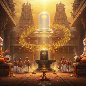 A mystical scene depicting two ancient Tamil saints, Appar and Sundarar, seated in meditation on ornate stone mandapams, one on each side of the frame. Between them rises a ethereal, translucent Shiva lingam emanating golden light. Musical notes in the form of traditional Tamil script float and swirl around them like golden threads. In the background, a massive temple architecture inspired by Chola dynasty style, with intricate carvings and sculptures. The left side shows devotees singing Thevaram with traditional instruments like yazh and mridangam, while the right side shows devotees performing Devaram with cymbals and drums. The entire scene is bathed in a warm, divine light with floating lotus petals. Rich colors of deep maroon, saffron, and peacock blue dominate, with gold accents throughout. Incorporate Madhubani-style decorative patterns in the borders and architectural elements. The atmosphere should be serene and spiritually charged, with subtle smoke from oil lamps creating a mystical ambiance. Hyperrealistic digital art style with traditional Indian art influences, 8k quality, cinematic lighting.
