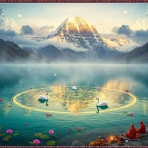 A mystical aerial view of Lake Manasarovar at dawn, its crystal-clear turquoise waters reflecting Mount Kailash's snow-capped peak. Sacred swans with golden-white feathers glide across the water's surface, creating gentle ripples that form geometric mandala patterns. The lake is surrounded by a ethereal golden aura, with floating lotus flowers in deep blues and purples. Traditional Indian pilgrims in warm clothes are seen performing rituals at the shoreline. The sky features surreal clouds forming the shapes of celestial beings, with soft rays of divine light breaking through. In the background, subtle representations of Lord Shiva's symbols - the crescent moon and trishul - appear as constellation patterns. The scene combines photorealistic elements with Madhubani-style decorative borders featuring peacocks, lotuses, and sacred geometric patterns in deep maroon and saffron. The atmosphere is serene with a magical mist hovering over the water, creating an otherworldly atmosphere. The color palette includes deep turquoise, golden yellows, pristine whites, and royal purples, with highlights of celestial blue light reflecting off the water's surface.