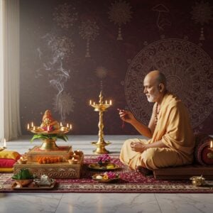 A dignified elderly Indian priest in traditional cream-colored dhoti and angavastram, adorned with sacred rudraksha beads and tilak, performing an elaborate puja ceremony in a contemporary minimalist temple setting. He sits on an intricately carved wooden asana before a modern brass altar decorated with geometric mandala patterns. Multiple brass diyas with golden flames illuminate the scene, creating a warm ethereal glow. Sacred items like copper kalash, fresh flowers, and ceremonial items are artistically arranged on a marble platform. The background features a stunning fusion of traditional Madhubani patterns and modern geometric designs in deep maroon and gold, with floating lotus motifs. Soft rays of morning light filter through contemporary glass windows, creating a serene atmosphere. The priest's expression radiates wisdom and devotion, while his hands are positioned in precise mudras. The scene is enhanced by wisps of sacred smoke from sandalwood incense, creating a mystical ambiance. Digital art style combining hyperrealism with traditional Indian art elements, emphasizing rich textures and atmospheric lighting.