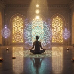 A serene Indian meditation hall with polished marble floors reflecting intricate Sanskrit yantra patterns in golden light. A young modern Indian woman in contemporary meditation attire sits in padmasana pose at the center, surrounded by a glowing, three-dimensional Sri Yantra floating in mid-air. Multiple ethereal mandalas in soft pastel hues (lavender, rose gold, and cyan) spiral around her. Sacred geometry patterns emerge from her peaceful meditation posture, creating luminous threads that weave through the space. Traditional Tantric symbols like the lotus, bindu, and triangles are subtly incorporated into the background architecture. The lighting is mystical with soft golden rays filtering through ornate jali windows, creating patterns of light and shadow. Small floating diyas with gentle flames add warm highlights. Peacock feathers and lotus flowers in rich colors accent the corners. The overall aesthetic combines minimalist modern architecture with traditional Indian spiritual elements, rendered in a dreamy, photorealistic style with hints of digital art sophistication. The atmosphere suggests both ancient wisdom and contemporary relevance.